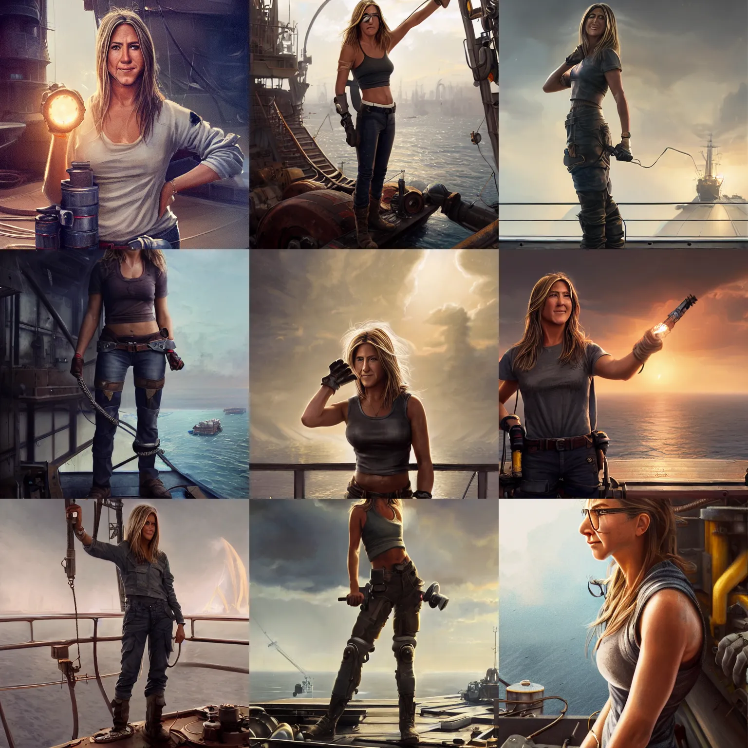 Prompt: a heroic portrait of young Jennifer Aniston aged 25 mechanic with one prosthetic metallic gauntlet standing on a ship deck by Greg Rutkowski, ultra realistic, Sung Choi, photorealistic 8k, cinematic lighting, HD, high detail, atmospheric, trending on artstation