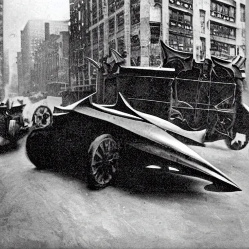 Image similar to old black and white photo, 1 9 1 3, depicting batman's batmobile from dark knight rampaging through the bustling streets of new york city, rule of thirds, three - point perspective, historical record
