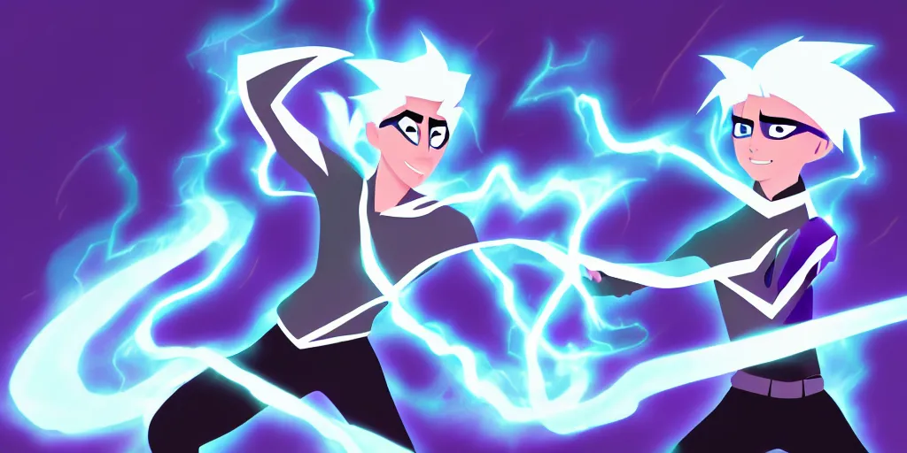 Image similar to a mage that looks like danny phantom he is at his desk working on a new spell that is casting out flowing energy, colorful, flowing energy, light rays, consistent face, medium shot, waist up, pixar and disney animation, sharp, concept art, highly detailed, bloom, dramatic lighting, cinematic