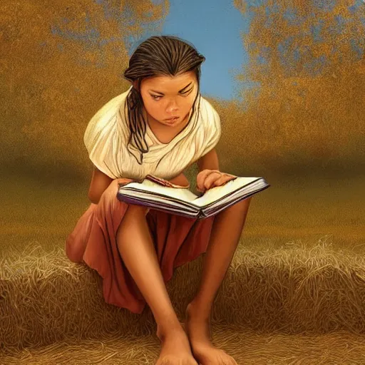 Image similar to village girl reading a book, highly detailed, digital painting, artstation, concept art, illustration, art by artgerm and Johfra Bosschart