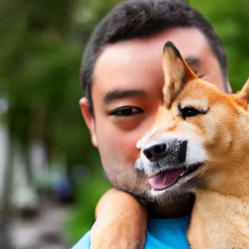 Image similar to a man with a shiba inu dog on his shoulder, anime still