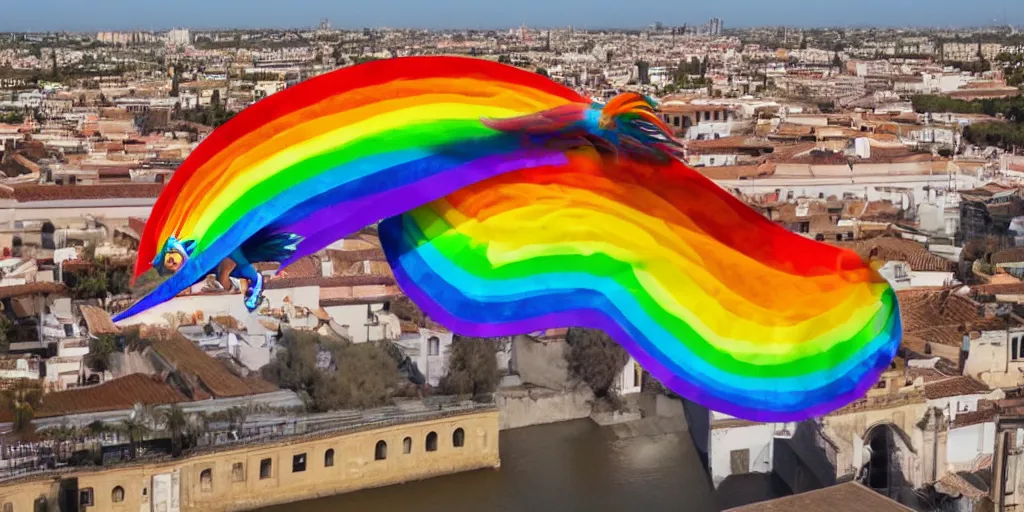 Image similar to rainbow dash flying through the skies of seville