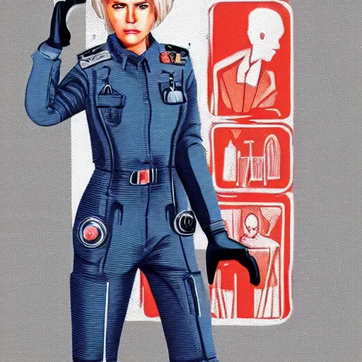 Image similar to character concept art of heroic stoic emotionless butch blond handsome woman engineer with very short slicked - back butch hair, narrow eyes, wearing atompunk jumpsuit, retrofuture, highly detailed, science fiction, illustration, pulp sci fi