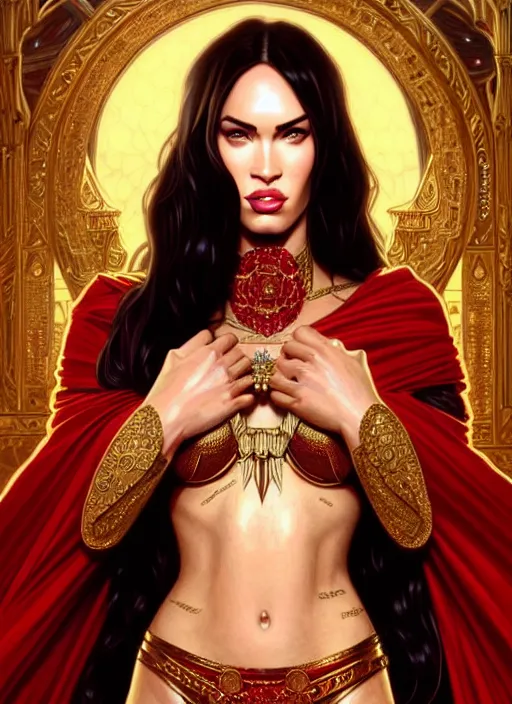 Image similar to portrait of megan fox as a queen, throne, jewelry, greek, ruby, intricate, headshot, highly detailed, digital painting, artstation, concept art, sharp focus, cinematic lighting, illustration, art by artgerm and greg rutkowski, alphonse mucha, cgsociety