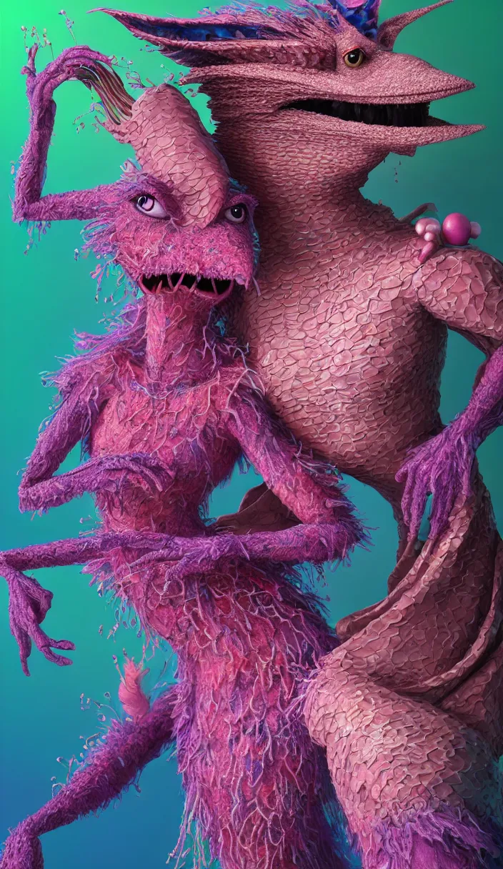 Image similar to hyper detailed 3d render like a Oil painting - kawaii portrait of two Aurora (a beautiful skeksis muppet fae princess protective playful from dark crystal that looks like Anya Taylor-Joy) seen red carpet photoshoot in UVIVF posing in scaly dress to Eat of the Strangling network of yellowcake aerochrome and milky Fruit and His delicate Hands hold of gossamer polyp blossoms bring iridescent fungal flowers whose spores black the foolish stars by Jacek Yerka, Ilya Kuvshinov, Mariusz Lewandowski, Houdini algorithmic generative render, Abstract brush strokes, Masterpiece, Edward Hopper and James Gilleard, Zdzislaw Beksinski, Mark Ryden, Wolfgang Lettl, hints of Yayoi Kasuma and Dr. Seuss, octane render, 8k