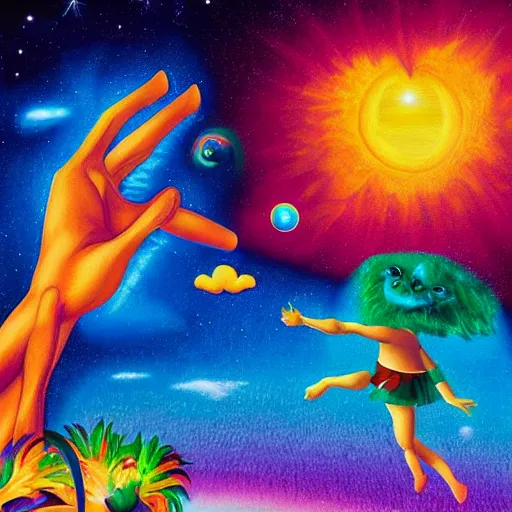 Prompt: the creation of adam painted by lisa frank