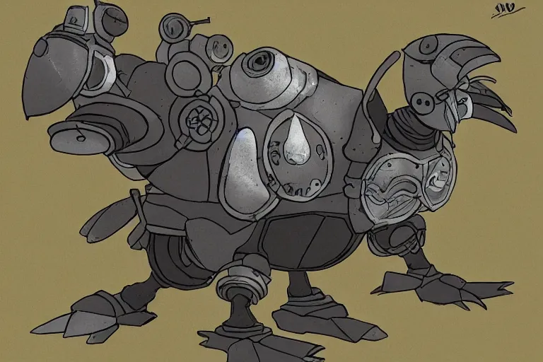 Image similar to heavily armoured mechanical chicken by studio ghibli