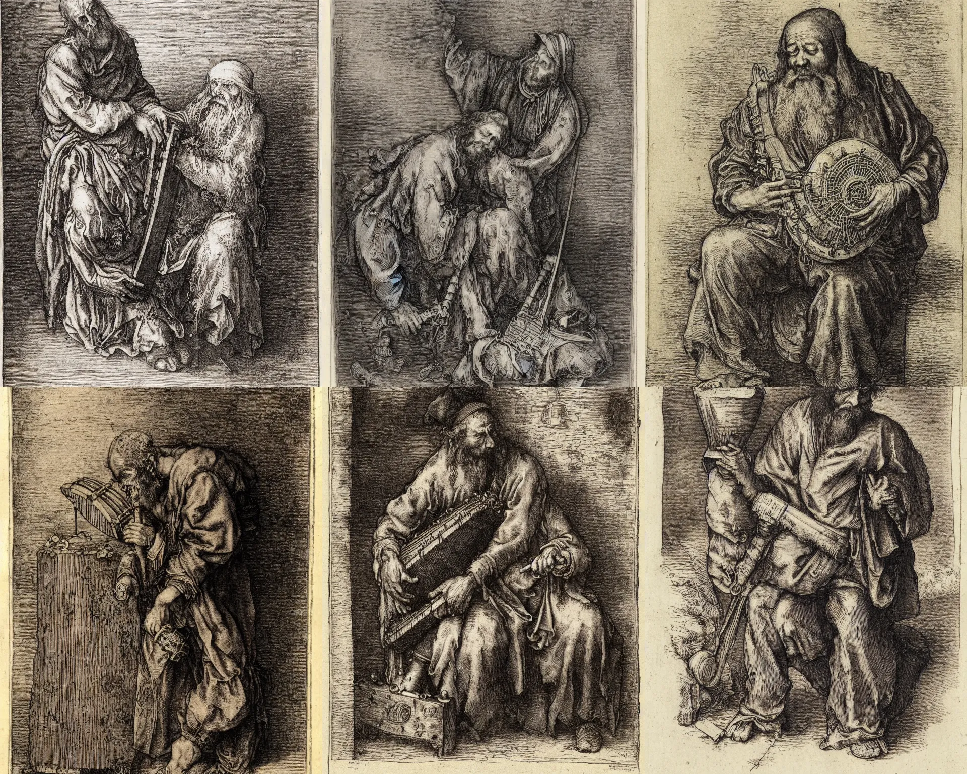 Prompt: an etching of a beggar with a hurdy - gurdy by albrecht durer, gustave dore, highly detailed
