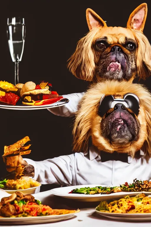 Image similar to a dog - headed waiter holding a plate of food