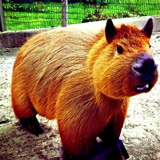 Prompt: photo taken on a bad camera of a capybara dressed as a kid looking bad and with envy at the camera