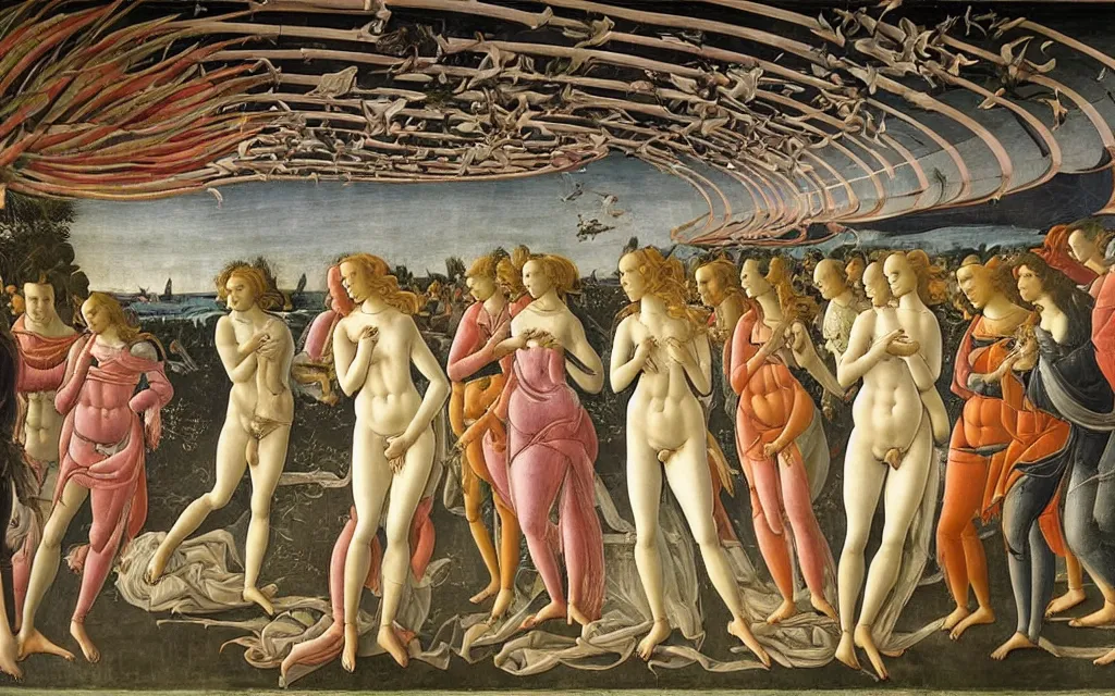 Image similar to sandro botticelli. very soft, delicate light. venus but dancefloor in underground club. in the middle is a little platform, people dancing around it. disco lights. fog. colorful and moody. sun is already rising. detailed brush strokes. 6 am.