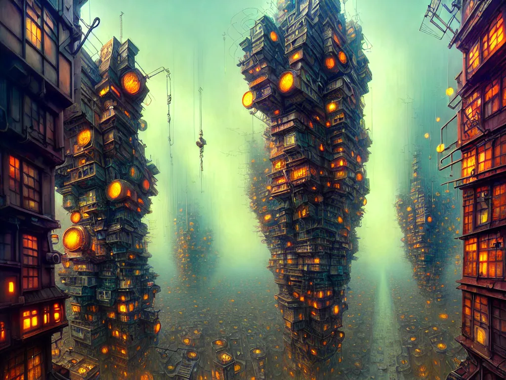 Prompt: hyper detailed charismatic buildings happy dystopia city , siniter mechanical city by Gediminas Pranckevicius,Mark Brooks, Rembrandt,james gurney,dan luvisi,Petros Afshar, tim hildebrandt, liam wong, thomas kinkade,ernst haeckel,trending on artstation