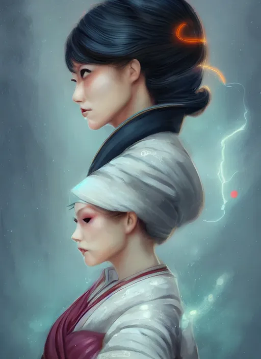 Prompt: a portrait of Nami the burglar as a real woman, wearing a traditional geisha dress, ginger hair, lightning in the background , electricity themed, beautiful face, intricate, highly detailed, digital painting, artstation, concept art, smooth, sharp focus, illustration, art by Charlie Bowater, matte painting