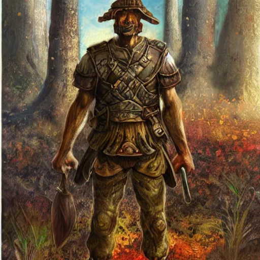 Prompt: full body portrait of a mushroom warrior, by jon foster