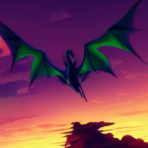 Image similar to serpentine dragon flying through the purple sunset sky, volumetric lighting, highly detailed, 4k, anime scenery by Makoto Shinkai.