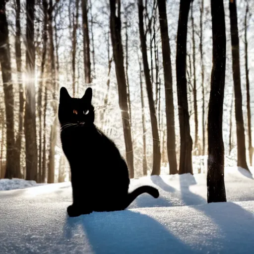 Prompt: Award winning photo of a black cat in a snowy forest at afternoon, lens flare, bokeh, telephoto