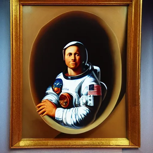 Image similar to Moon landing in the style of a roman portrait painting