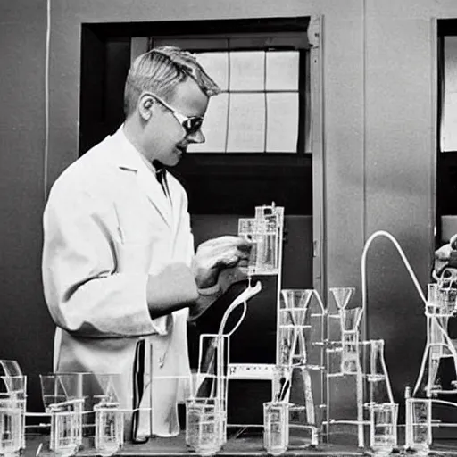 Image similar to fox animals conducting experiments in a chemistry lab, award winning photograph