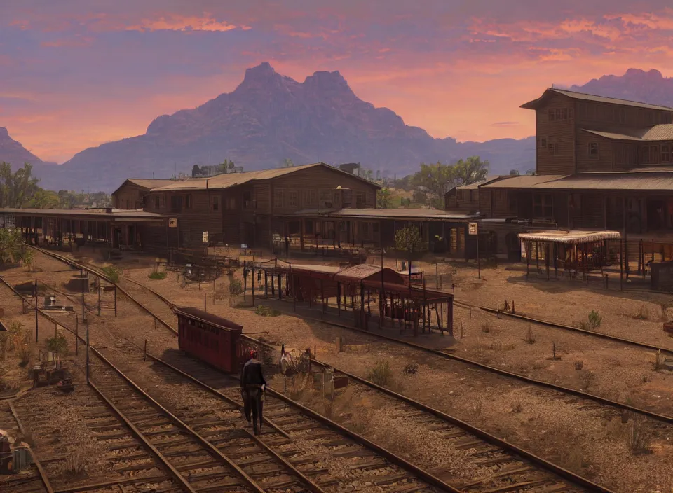 Image similar to a train station as red dead redemption 2 concept art, historical setting, desert environment, serene lighting, atmospheric, cinematic, gorgeous, in the style of diego koi, gina heyer, luiz escanuela, art by alyssa monk, hyperrealism, rule of thirds, golden ratio, oil on canvas, 8 k