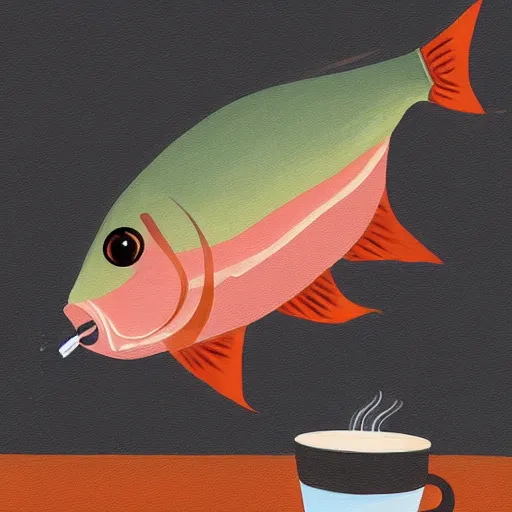 Image similar to a digital painting of a real fish drinking coffee