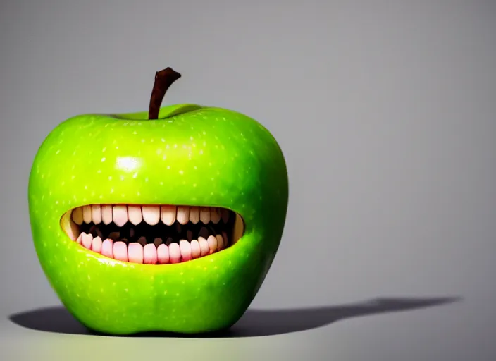 Image similar to photo still of an apple with human teeth, 8 k, studio lighting bright ambient lighting key light, 8 5 mm f 1. 8