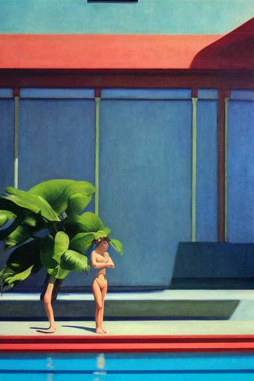 Image similar to liminal vaporwave summer swimming pool surrealism, painted by Edward Hopper, airbrush