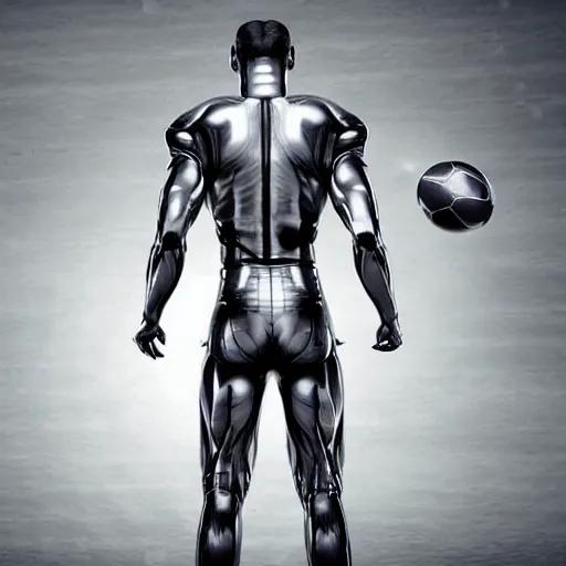 Image similar to a realistic detailed photo of a guy who is an attractive humanoid who is half robot and half humanoid, who is a male android, attractive and handsome football players, shiny skin, posing like a statue, blank stare, in a factory, on display, showing off his muscles, wearing football pants, side view, looking at each other mindlessly