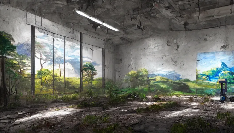 Prompt: robotic painters draw lush landscapes in an abandoned art gallery, 4 k, cinematic lighting