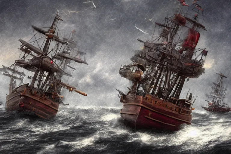 Image similar to epic pirate ship cannon battle in a storm, in the style of vernon grant and chris van allsburg, trending on artstation, bright tilt - shift camcorder effect, photoshop, retrowave, hyperrealism, octane, sharp focus, masterpiece