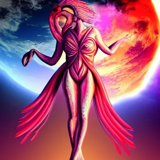 Prompt: a colossal goddess wearing a flamingo fashion, sci - fi aesthetics, on fire, photoshop, colossal, creative and cool, giant, digital art, photo manipulation, planets, with earth, outer space, smoke