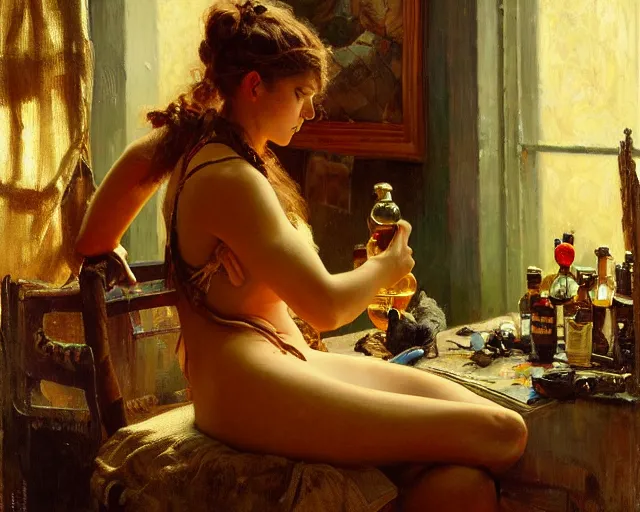 Prompt: an exhausted rhino girl in her studio with a bottle of whisky. highly detailed painting by gaston bussiere, craig mullins, j. c. leyendecker 8 k