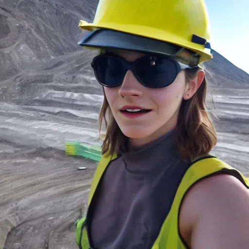 Prompt: photo, close up, emma watson in a hi vis vest, in dusty open pit mine, android cameraphone, 2 6 mm,