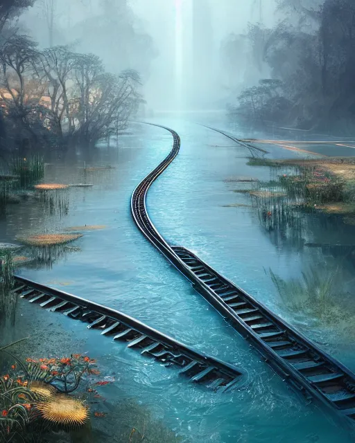 Image similar to train tracks stretching out toward the horzon that are slightly submerged under a wide pool of water, intricate, elegant, highly detailed, digital painting, artstation, concept art, smooth, sharp focus, illustration, art by artgerm and greg rutkowski and fra angelico