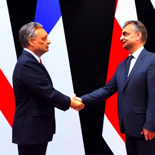Image similar to Viktor Orban giving a handshake to Andrew Tate, Hyperrealistic, 8k UHG,