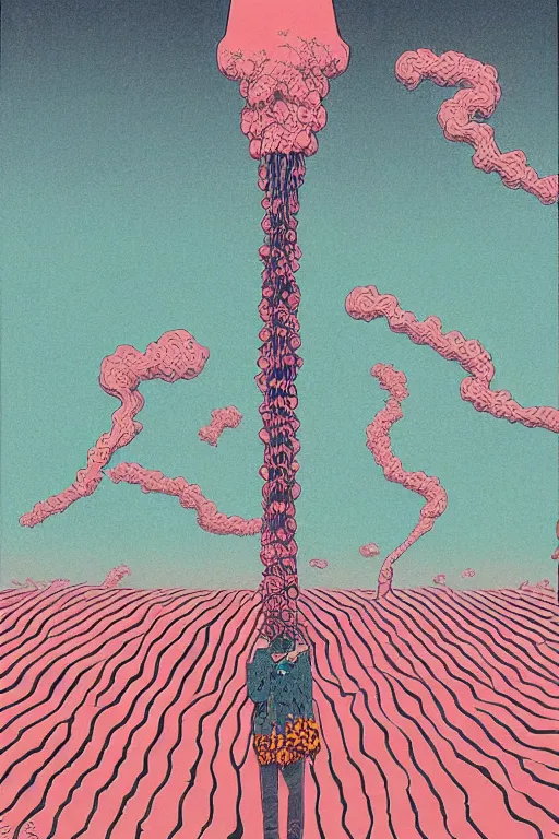 Image similar to a tab of LSD acid on his tongue and surreal psychedelic hallucinations, screenprint by kawase hasui, moebius and dan hillier, colorful flat surreal design, hd, 8k, artstation