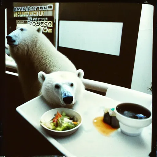 Image similar to a polar bear eating at a sushi restaurant, polaroid, flash photograph