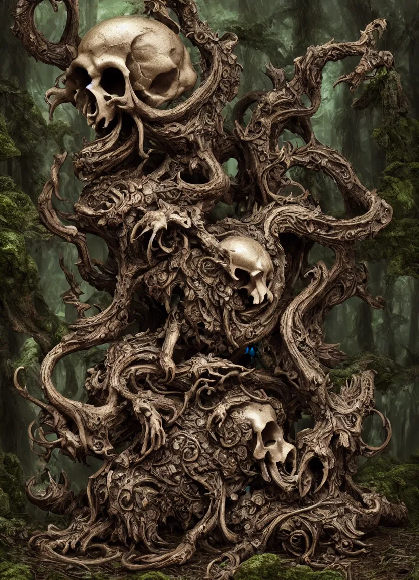 Image similar to ornate carved rat skull statue inside ancient forest, natural light, artwork by neil gaiman maria panfilova andrea savchenko mike kime ludovic plouffe qi shengluo oliver cook julian calle eddie mendoza, trending on artstation