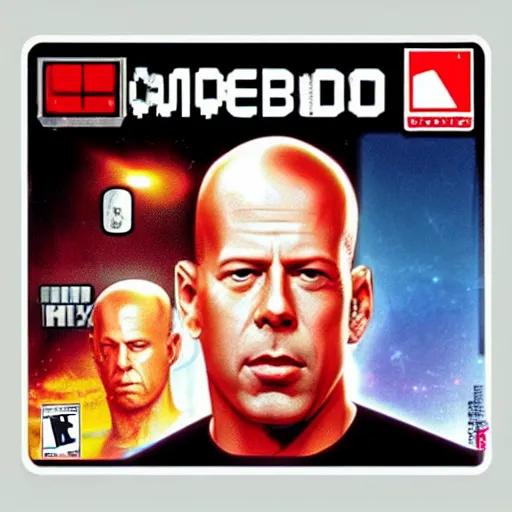 Prompt: box art for a gameboy game that just loads a picture of bruce willis's face. no other gameplay features.