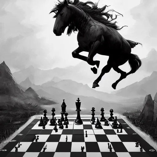 Image similar to a chess piece comes alive, the horse jumps over the wooden chessboard, fantasy art, in the style of greg rutkowski, illustration, epic, fantasy, intricate, hyper detailed, artstation, concept art, smooth, black and white, sharp focus, ray tracing