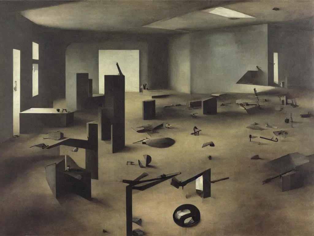 Image similar to Brutalist interior of an crazy imaginative sculptor studio. Painting by Vilhelm Hammershoi, Yves Tanguy