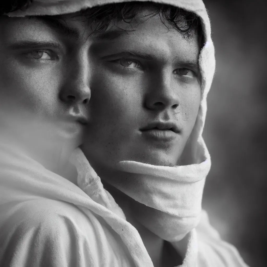 Prompt: Extreme Close-Up (ECU) vintage black and white portrait photo of a young man dressing in white robes wearing white masks in the field, cinematic lighting, cinematic composition, cinematic atmosphere, misty foggy. Vogue photography Sigma 85mm f/5-6.3 lens, portrait winning photograph.