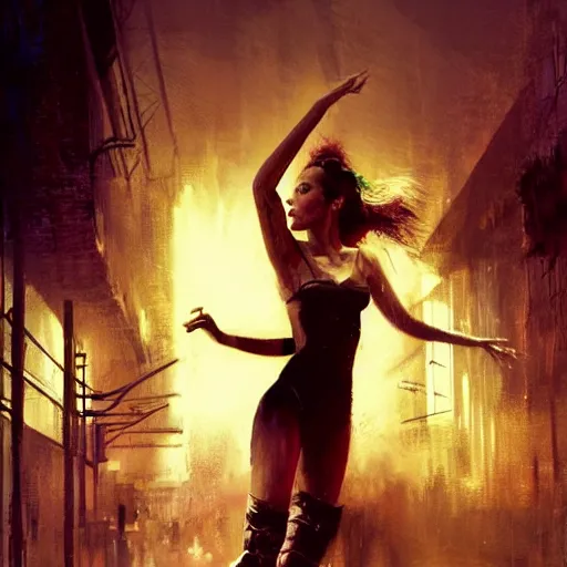 Image similar to bella thorne and megan fox dancing, hyperrealistic full figure, bladerunner street, art of elysium by jeremy mann and frank frazetta, fantasy art, photo realistic, dynamic lighting, artstation, full figure poster, volumetric lighting, very detailed face, 4 k, award winning