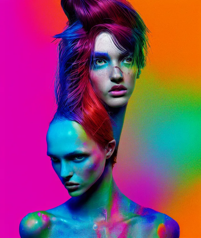 Prompt: portrait of a post modern fashion model with an exuberant neo expresionist hair style, colorful, beautiful face, octane render, vray, detailed, wide angle, halftoned, editorial illustration, matte print, grainy light, ( ( dither ) ), risograph, high contrast, screen print, rich grainy texture