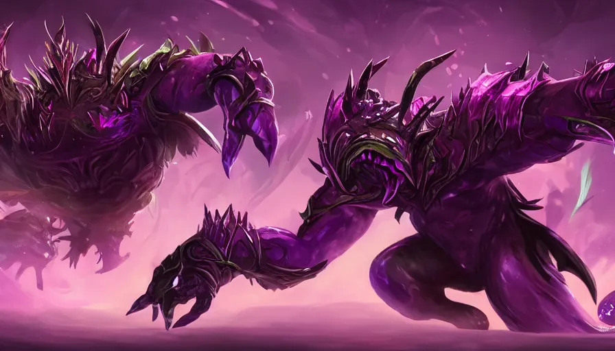 Prompt: splash art for a league of legends character who is a monster from the void, the monster has 4 legs, is inspired by a beetle, is purple, and makes enemies hallucinate by chengwei pan - n 4