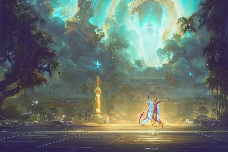 Prompt: a holy glowing divine portal opening in dreamy kalakaua avenue, 2 worlds colliding between a gateway to greg rutkowski renaissance italy and modern waikiki realm, majestic, luxurious, higher being, amazed, by peter mohrbacher, ilya kuvshinov, james jean, vincent di fate