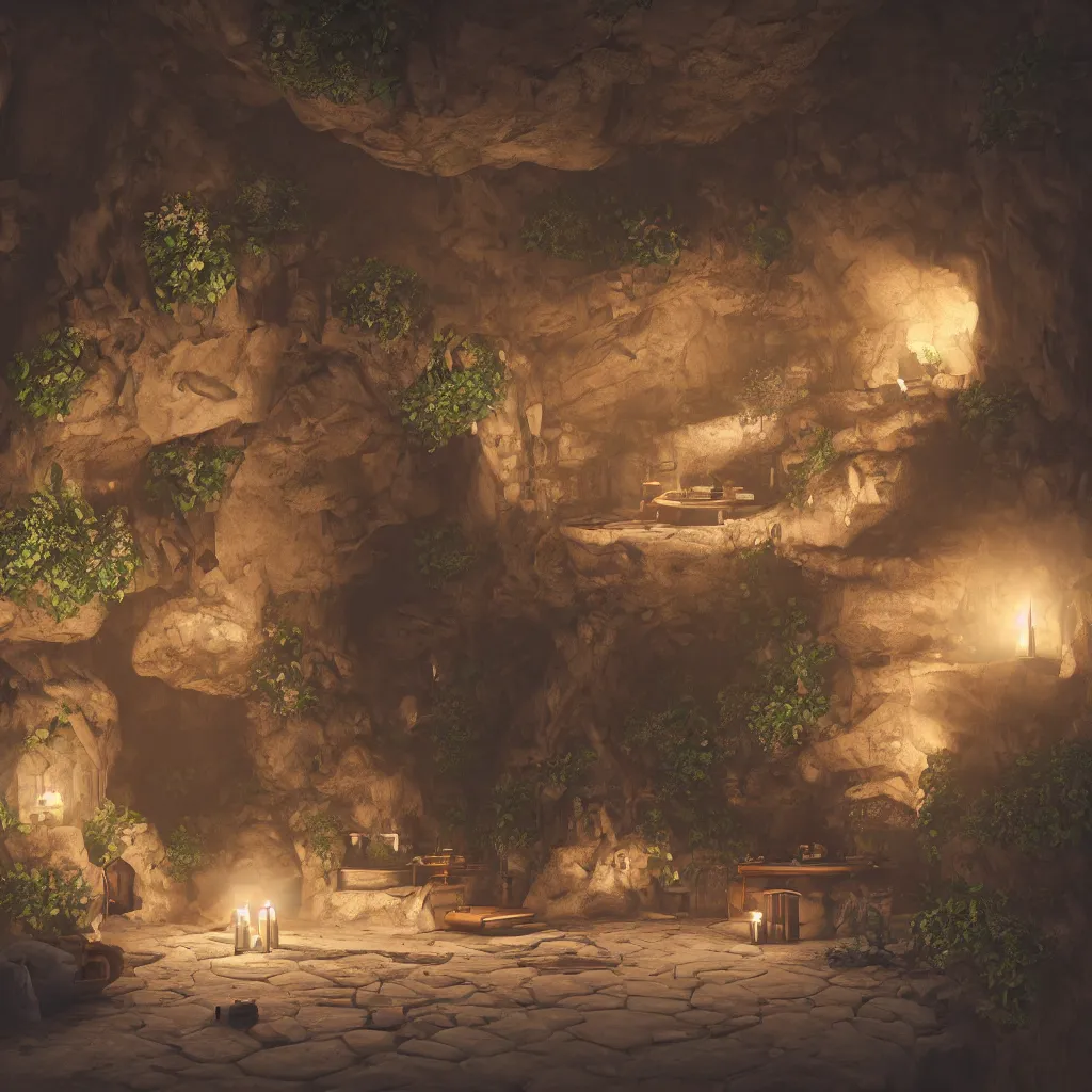 Image similar to secret overwatch common area carved inside a cave, multiple bedrooms, sheltered, magical, natural light, planters, central tree, candle light, cinematic lighting, clean lines, cozy, fantasy, minimalist architecture, sharp focus, concept art, octane render 8 k