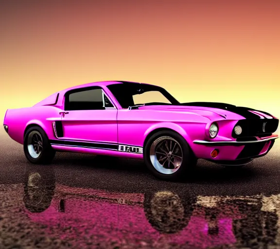 Prompt: !dream shot of 1967 Ford mustang Shelby GT500 in pink color at sunset in front a beach, realistic reflections, 4k, HD Photography, 3d render