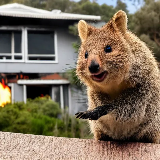 Image similar to a quokka laughing while a house is on fire in the background