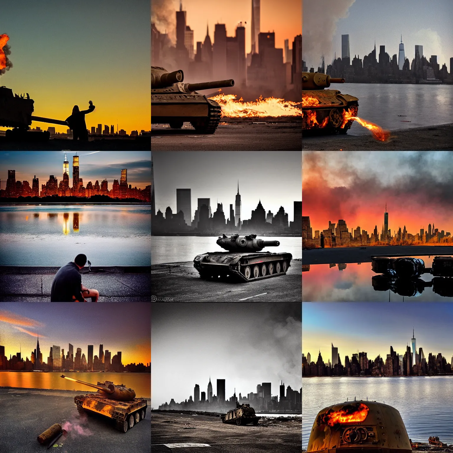 Prompt: destroyed tank in front of the new york skyline, smoking and burning, reflections, award winning photograph, sunset, desolate, atmospheric