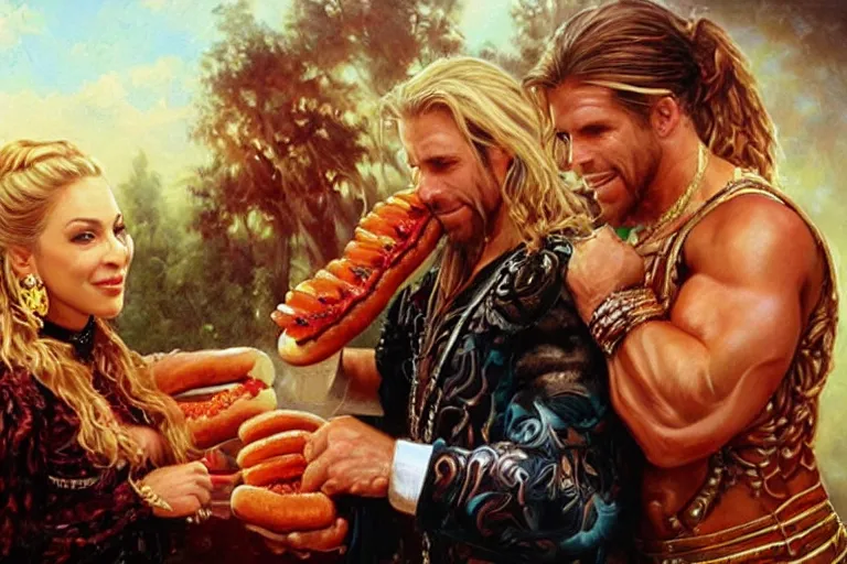 Prompt: portrait of wwf shawn michaels and queen elizabth ii sharing hotdogs, an oil painting by ross tran and thomas kincade